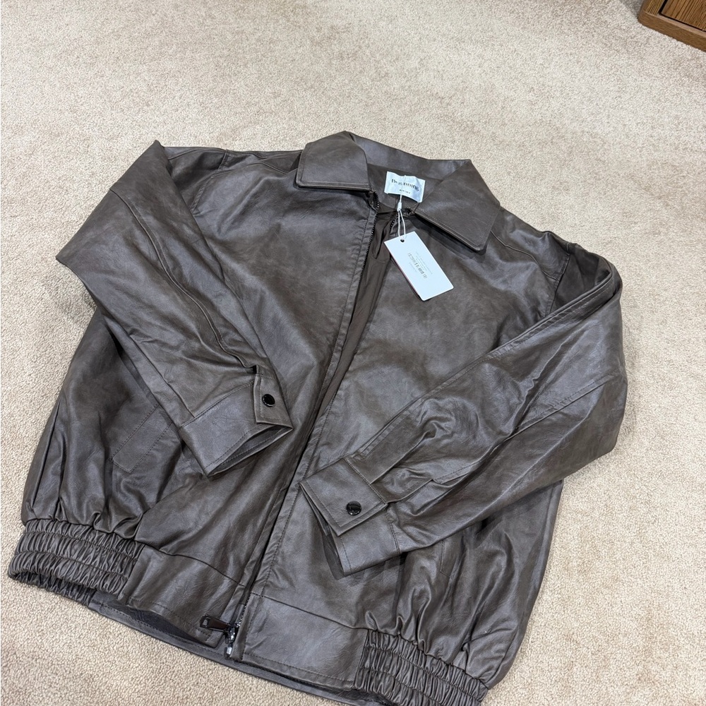 Beginning Boutique Brown Leather Bomber Jacket